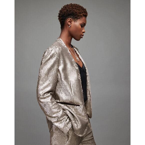 All Saints AllSaints Leigh Silver Sequin Tuxedo Blazer Jacket womens 6 - Picture 9 of 17